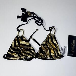 Beach Bunny Take The Reigns Bikini Top Womens XS Gold Black Zebra Triangle Ring